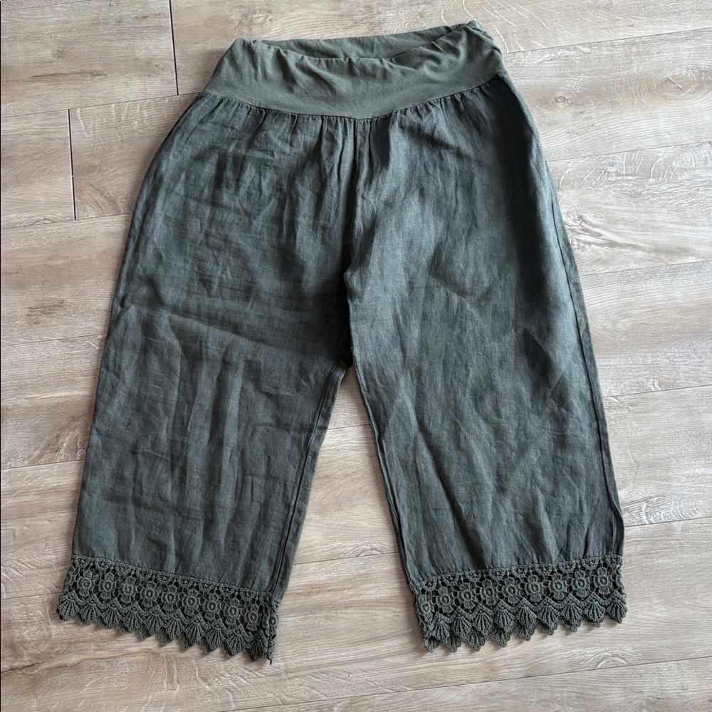 Alessia Pacini Linen Lace Trim Crops Dark Green Size Small